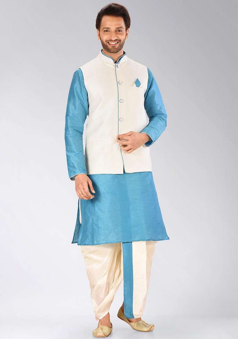 Firozi Solid Art Silk Blend Nehru Jackets Set For Men - Indya
