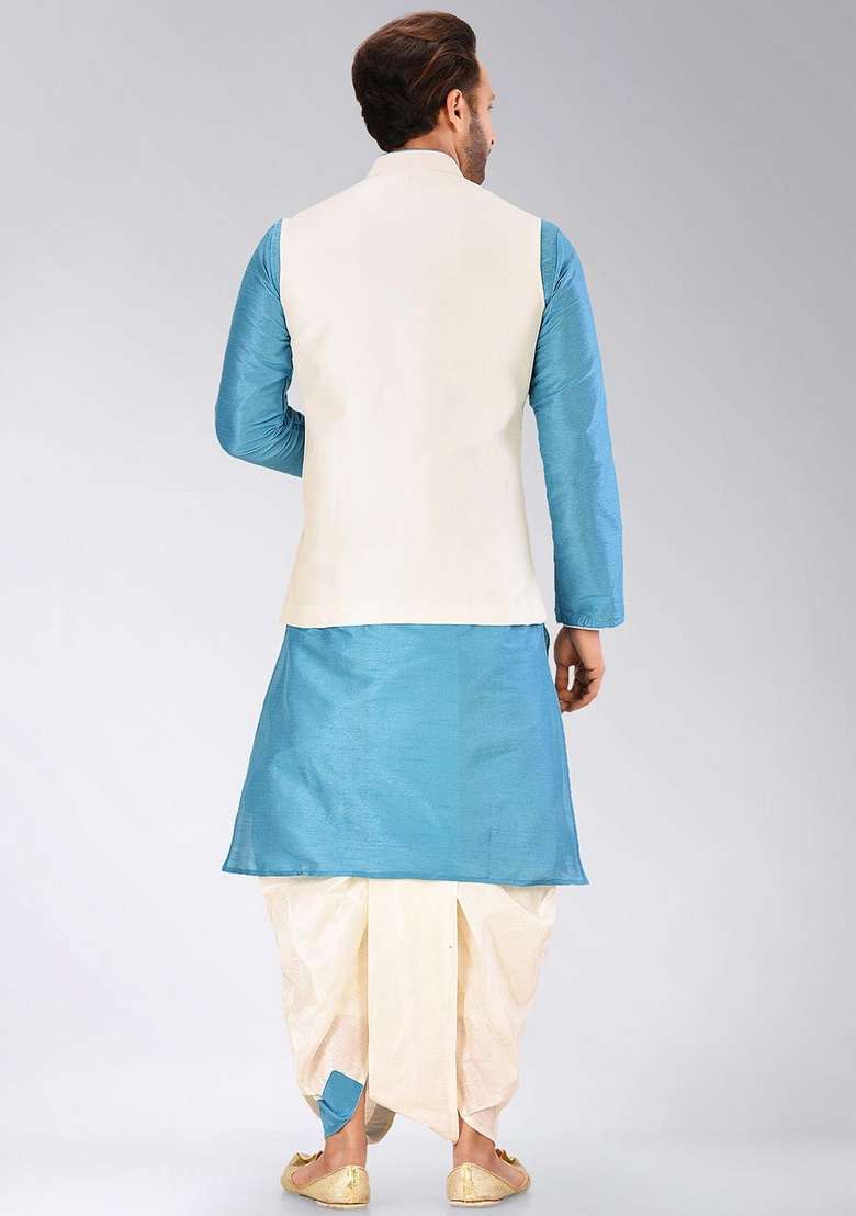 Firozi Solid Art Silk Blend Nehru Jackets Set For Men - Indya