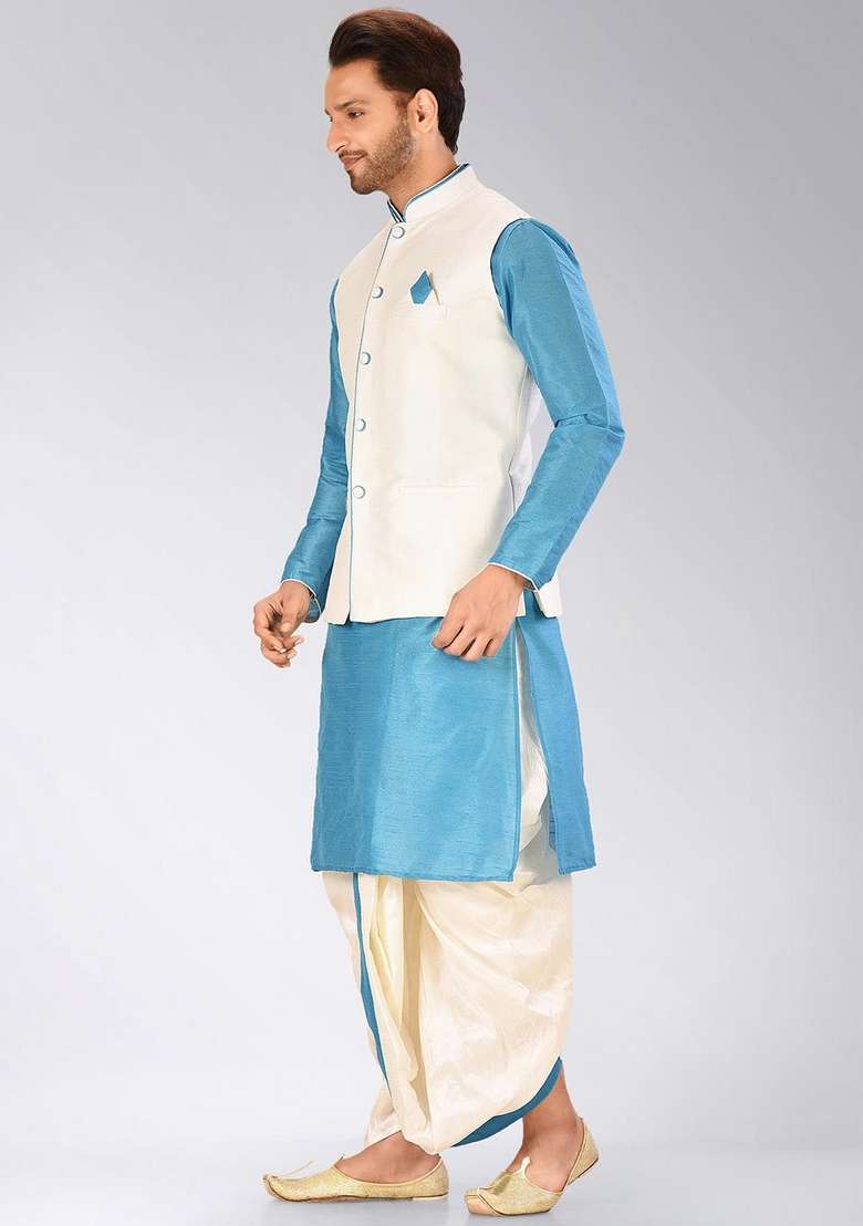 Firozi Solid Art Silk Blend Nehru Jackets Set For Men - Indya