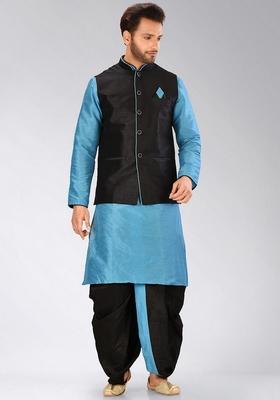 Firozi Solid Art Silk Nehru Jackets Set For Men