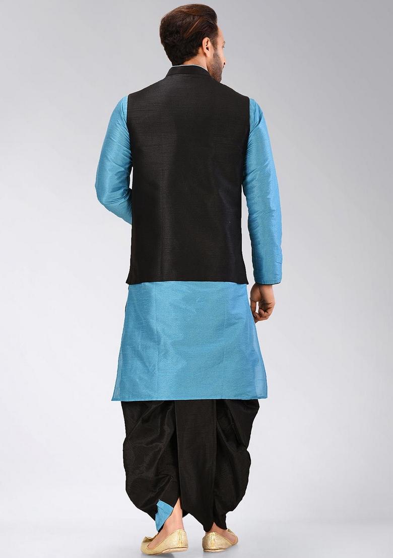 Firozi Solid Art Silk Nehru Jackets Set For Men - Indya