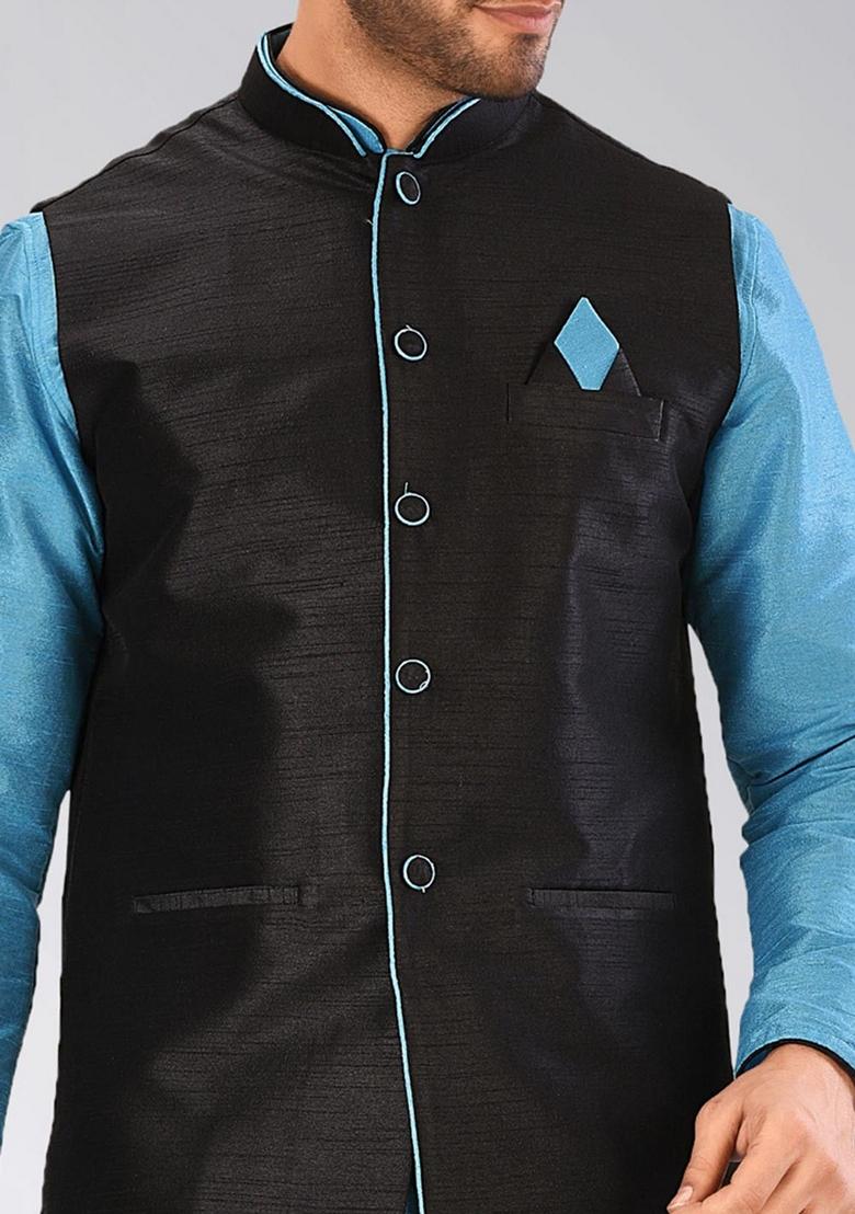 Firozi Solid Art Silk Nehru Jackets Set For Men - Indya