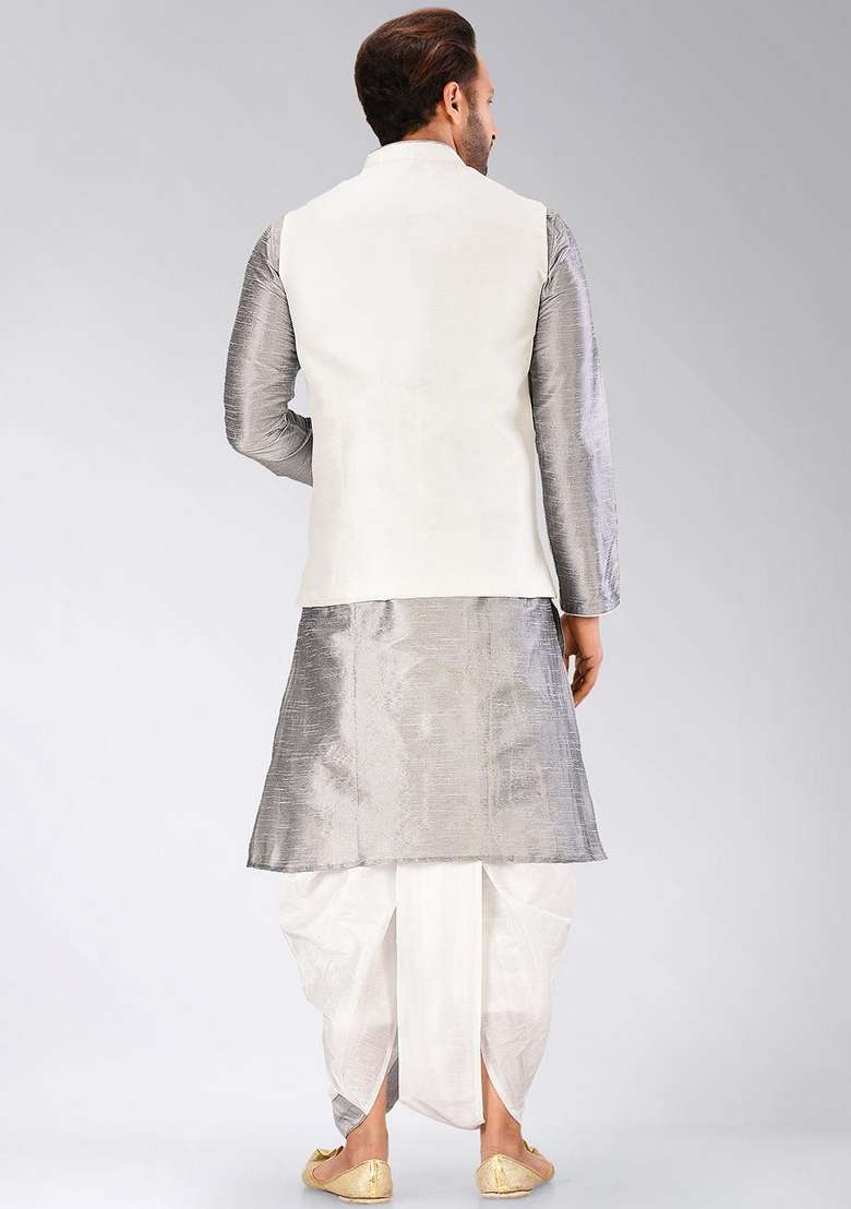 Grey Solid Art Silk Blend Nehru Jackets Set For Men - Indya