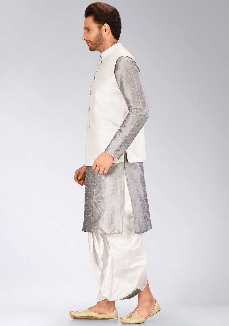 Grey Solid Art Silk Blend Nehru Jackets Set For Men - Indya