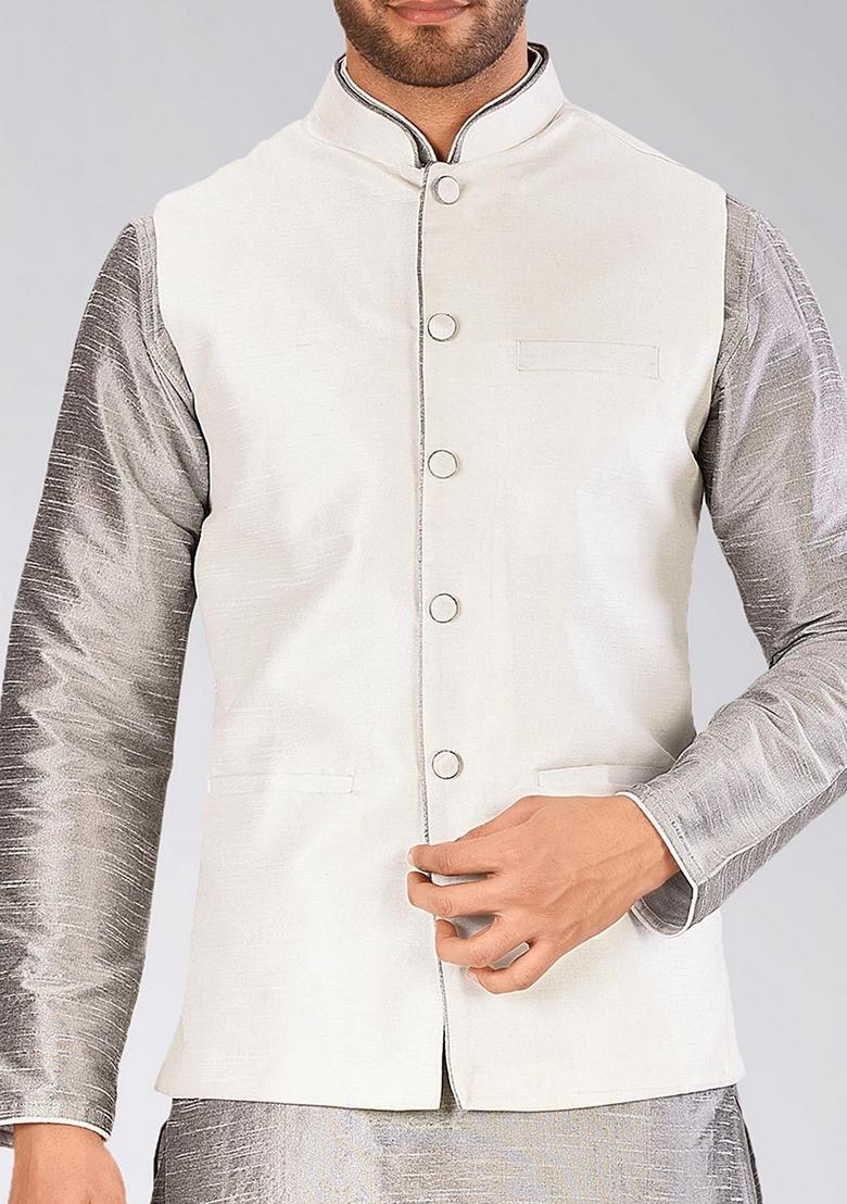 Grey Solid Art Silk Nehru Jackets Set For Men - Indya