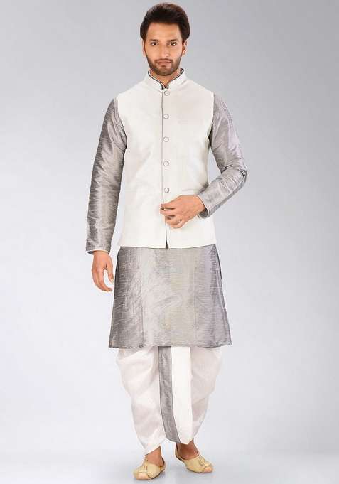 Grey Solid Art Silk Blend Nehru Jackets Set For Men