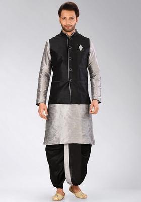 Grey Solid Art Silk Nehru Jackets Set For Men