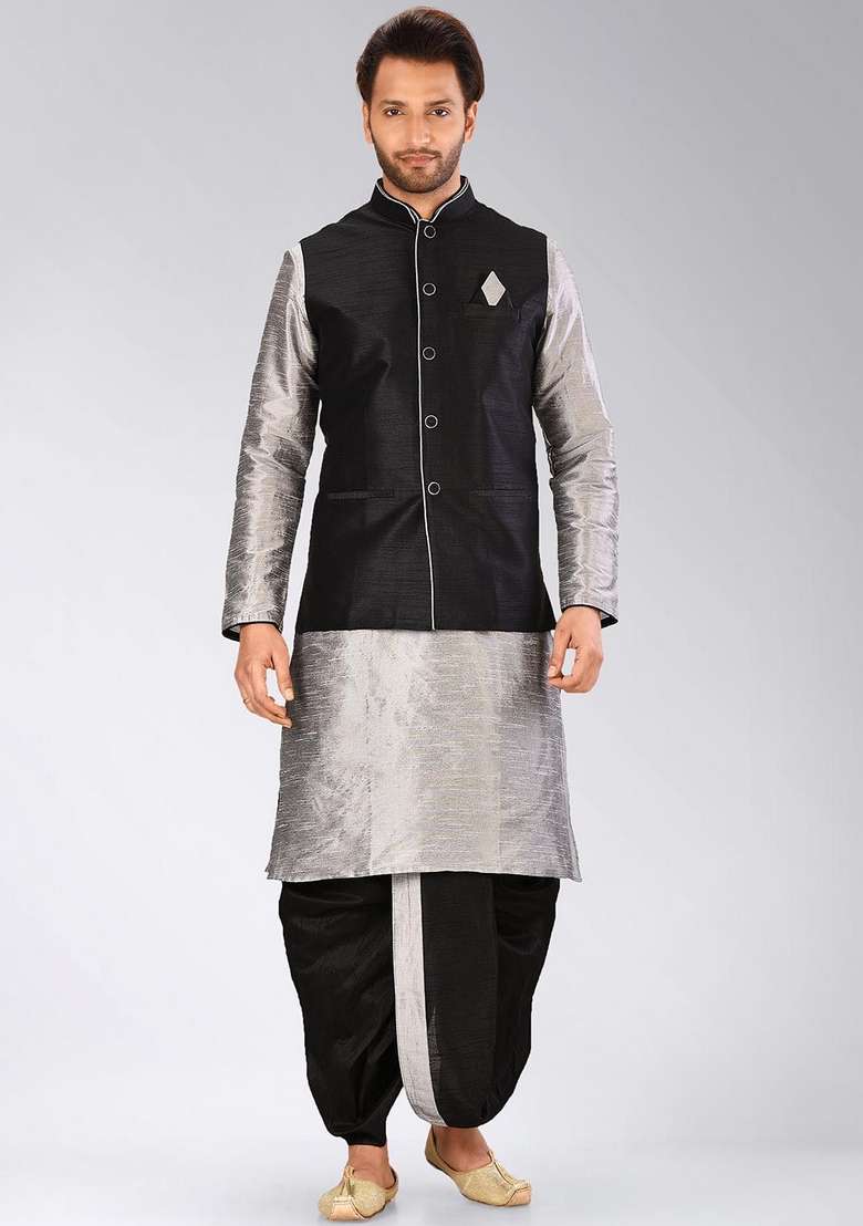 Grey Solid Art Silk Blend Nehru Jackets Set For Men - Indya