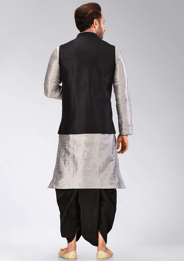 Grey Solid Art Silk Blend Nehru Jackets Set For Men - Indya