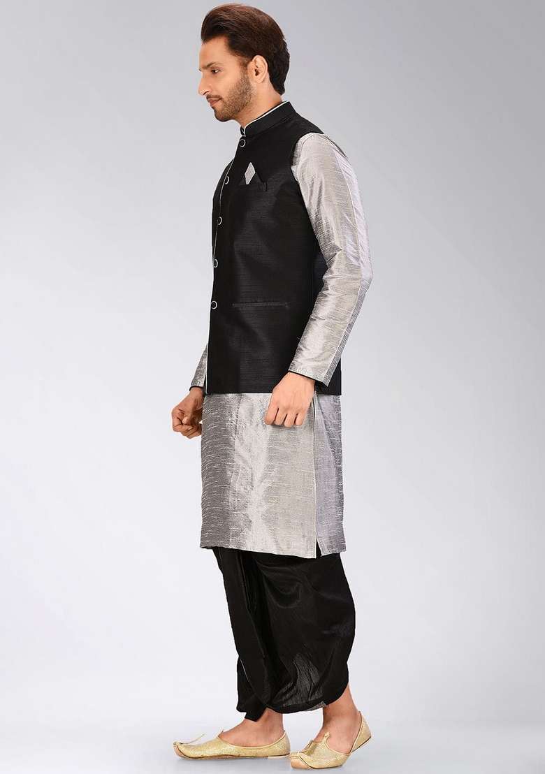 Grey Solid Art Silk Blend Nehru Jackets Set For Men - Indya