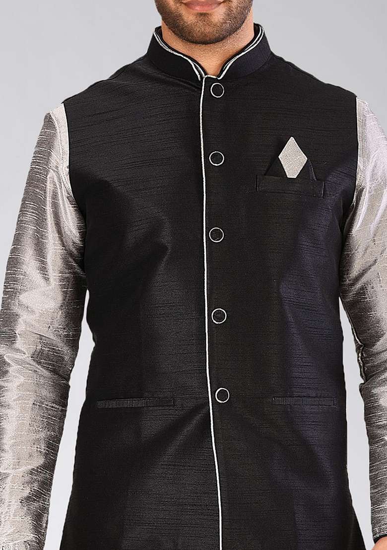 Grey Solid Art Silk Blend Nehru Jackets Set For Men - Indya