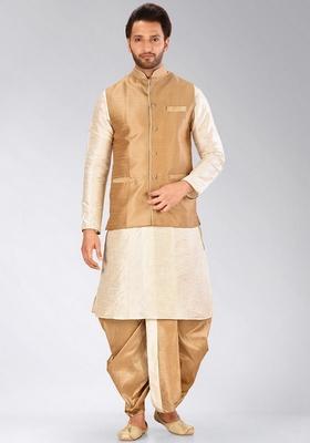 Deep Cream Solid Art Silk Nehru Jackets Set For Men