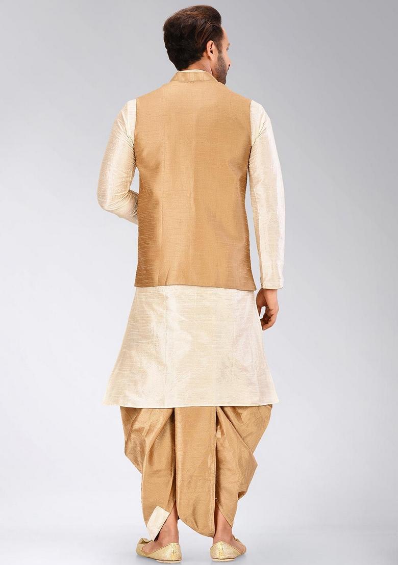 Deep Cream Solid Art Silk Nehru Jackets Set For Men - Indya