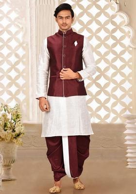White Solid Art Silk Nehru Jackets Set For Men