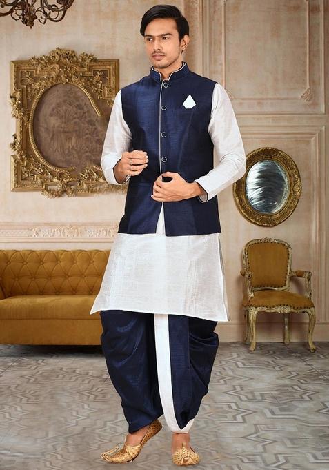 White Solid Art Silk Nehru Jackets Set For Men — view on Indya