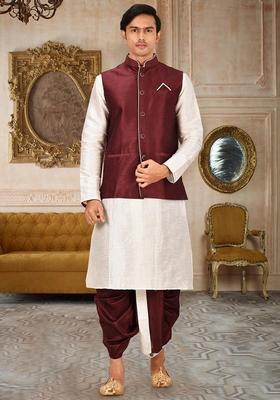 Cream Solid Art Silk Nehru Jackets Set For Men