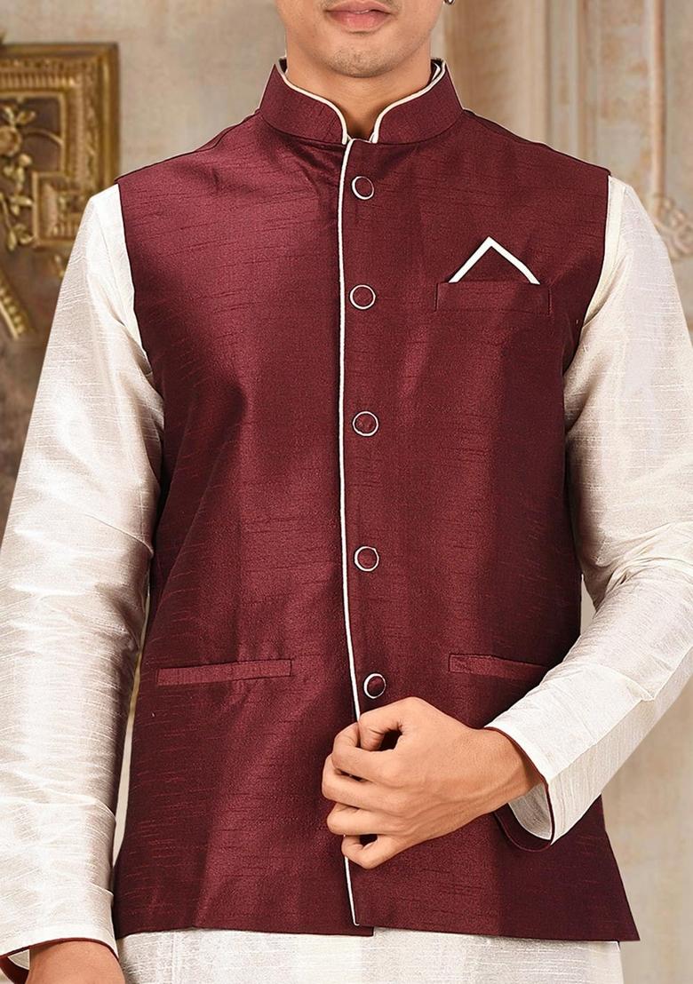 Cream Solid Art Silk Nehru Jackets Set For Men - Indya