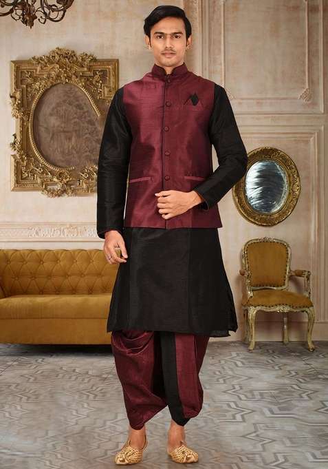 Black Solid Art Silk Blend Nehru Jackets Set For Men