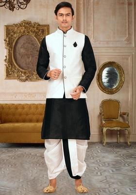 Black Solid Art Silk Nehru Jackets Set For Men