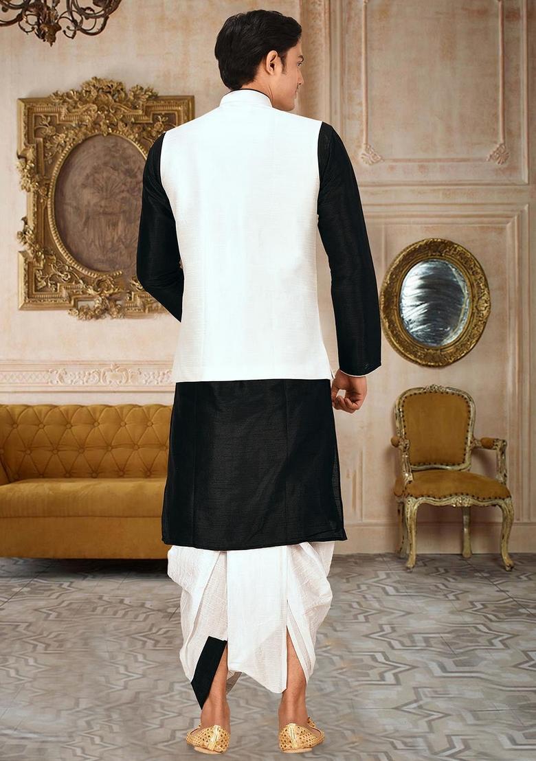 Black Solid Art Silk Nehru Jackets Set For Men - Indya