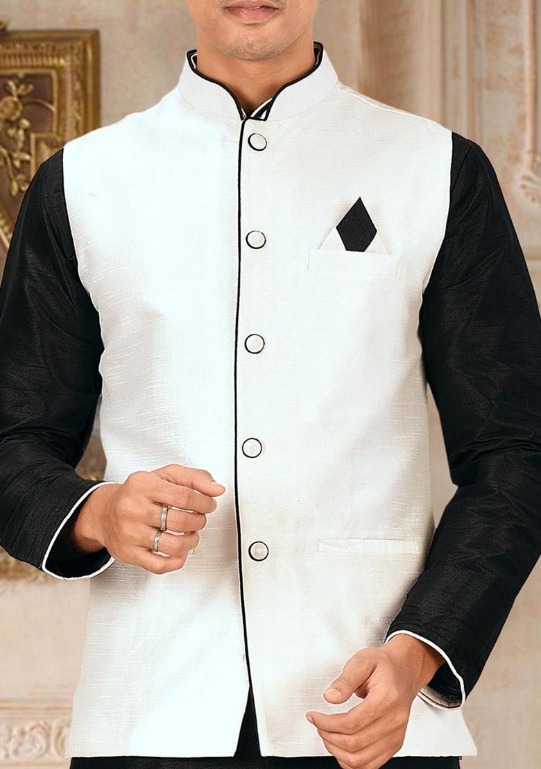 Black Solid Art Silk Nehru Jackets Set For Men - Indya