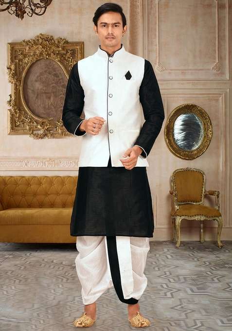 Black Solid Art Silk Blend Nehru Jackets Set For Men