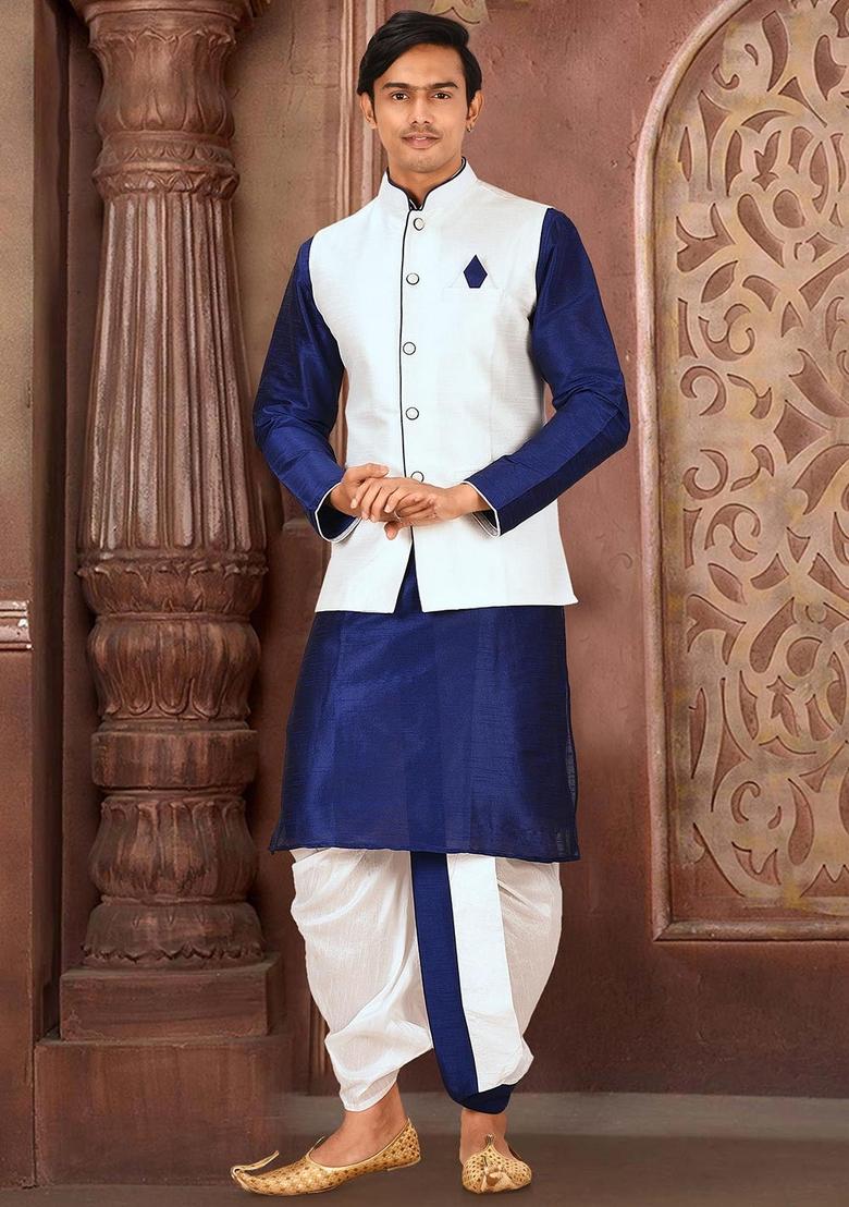Royal Blue Solid Art Silk Nehru Jackets Set For Men