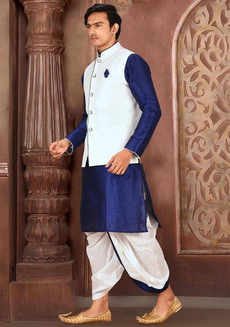 Royal Blue Solid Art Silk Nehru Jackets Set For Men