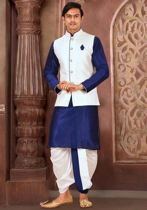 Royal Blue Solid Art Silk Nehru Jackets Set For Men
