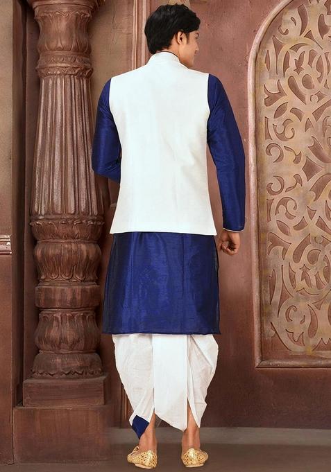 Royal Blue Solid Art Silk Nehru Jackets Set For Men