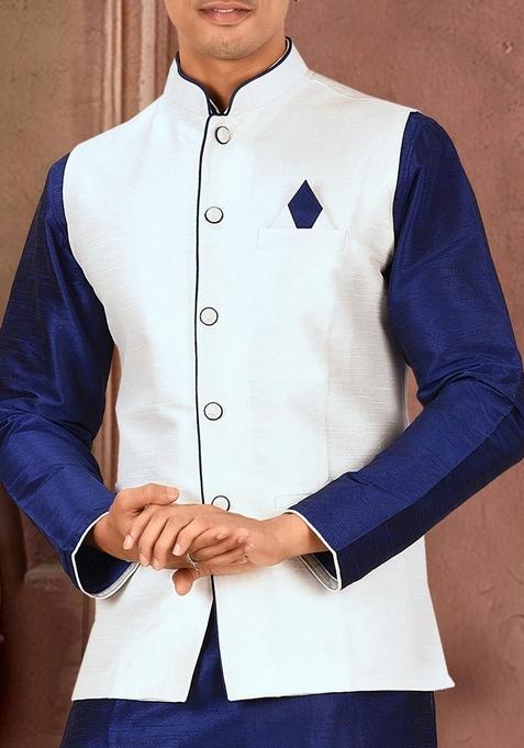 Royal Blue Solid Art Silk Nehru Jackets Set For Men