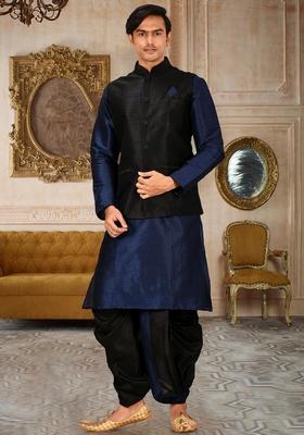 Navy Blue Solid Art Silk Nehru Jackets Set For Men