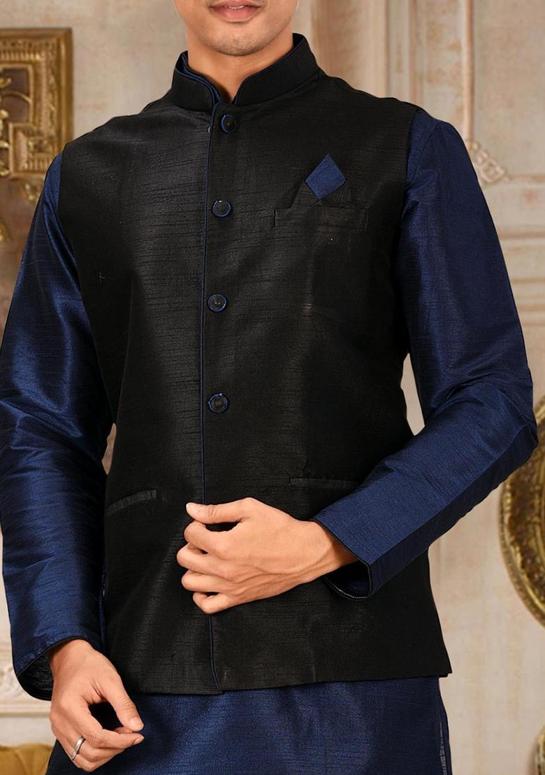 Navy Blue Solid Art Silk Nehru Jackets Set For Men - Indya