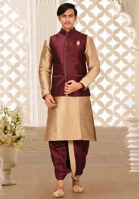 Chikoo Brown Solid Art Silk Nehru Jackets Set For Men