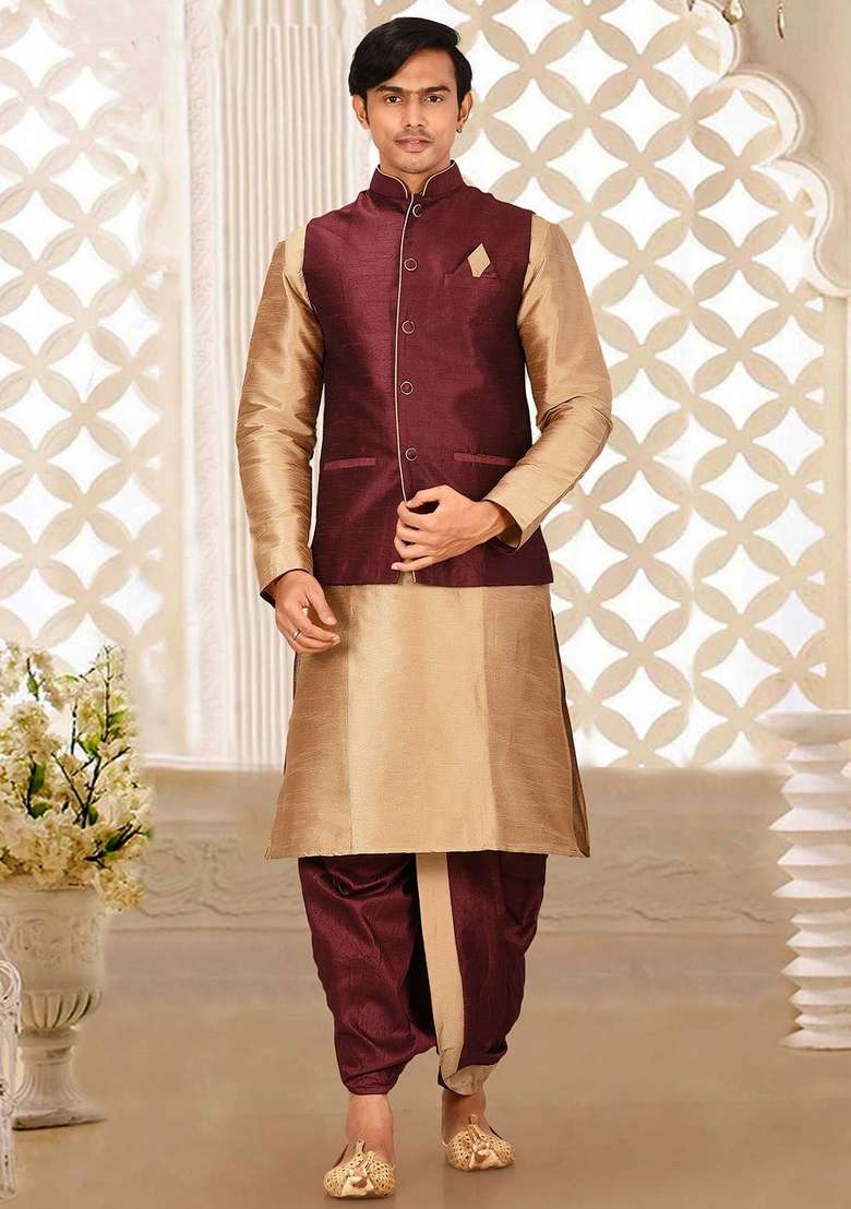 Chikoo Brown Solid Art Silk Blend Nehru Jackets Set For Men - Indya
