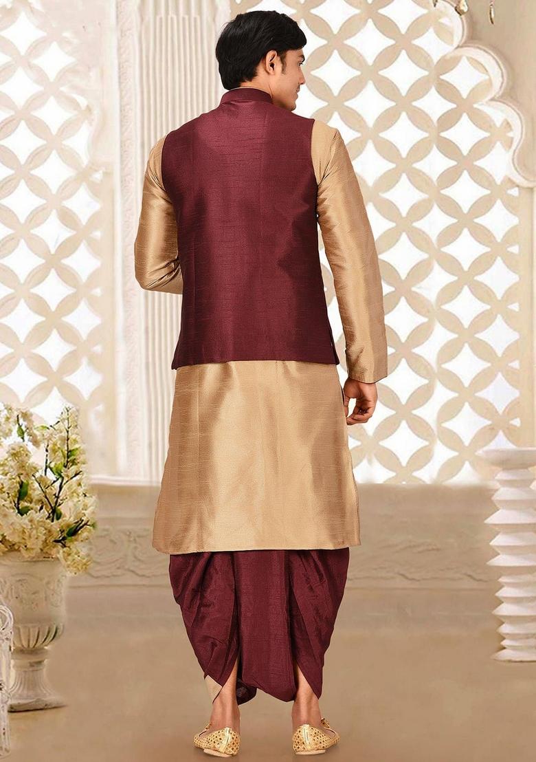 Chikoo Brown Solid Art Silk Nehru Jackets Set For Men - Indya