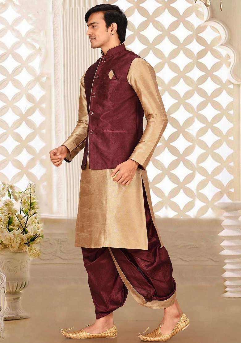 Chikoo Brown Solid Art Silk Blend Nehru Jackets Set For Men - Indya