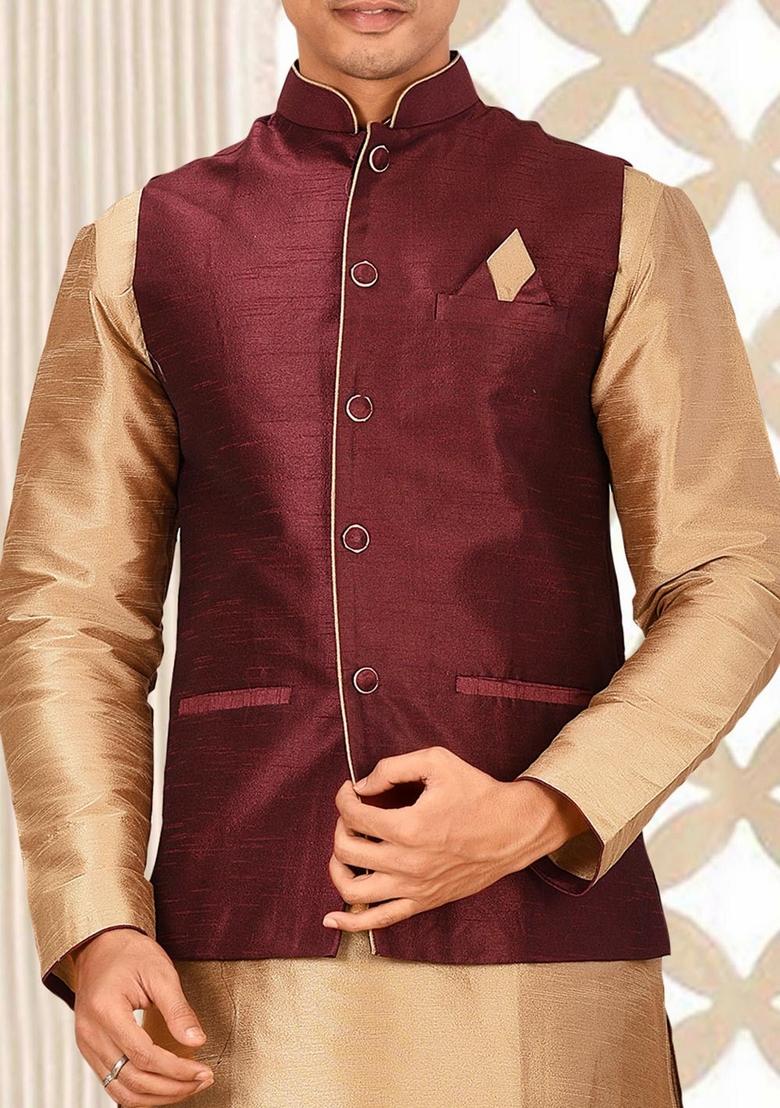Chikoo Brown Solid Art Silk Nehru Jackets Set For Men - Indya