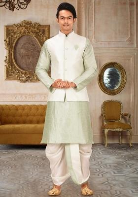 Sea Green Solid Art Silk Nehru Jackets Set For Men
