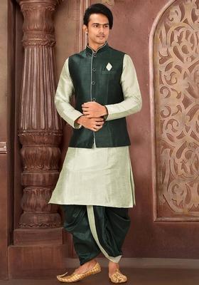 Sea Green Solid Art Silk Nehru Jackets Set For Men