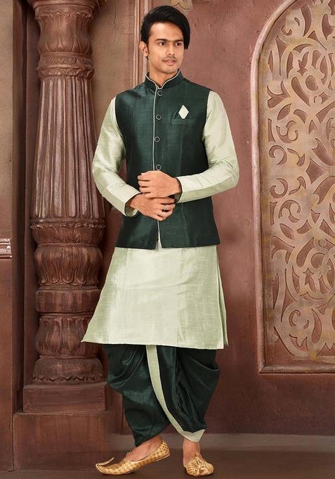 Sea Green Solid Art Silk Nehru Jackets Set For Men — view on Indya