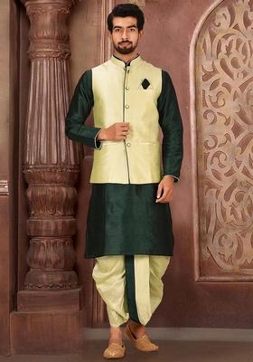 Rama Green Solid Art Silk Nehru Jackets Set For Men