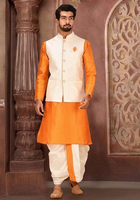 Mustard Yellow Solid Art Silk Blend Nehru Jackets Set For Men