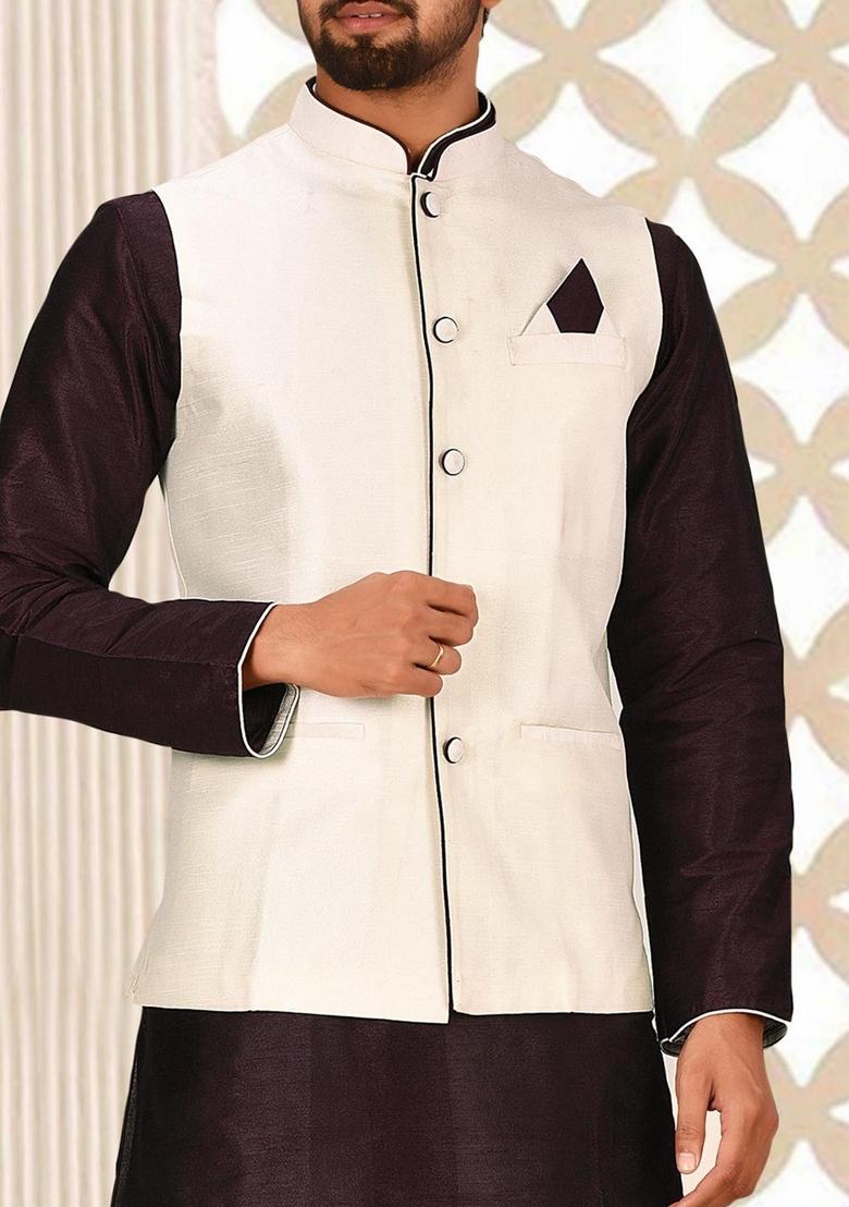 Maroon Solid Art Silk Nehru Jackets Set For Men - Indya