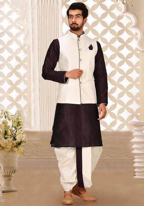 Maroon Solid Art Silk Nehru Jackets Set For Men — view on Indya