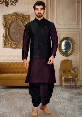 Maroon Solid Art Silk Nehru Jackets Set For Men