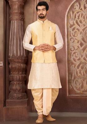 Deep Cream Solid Art Silk Nehru Jackets Set For Men