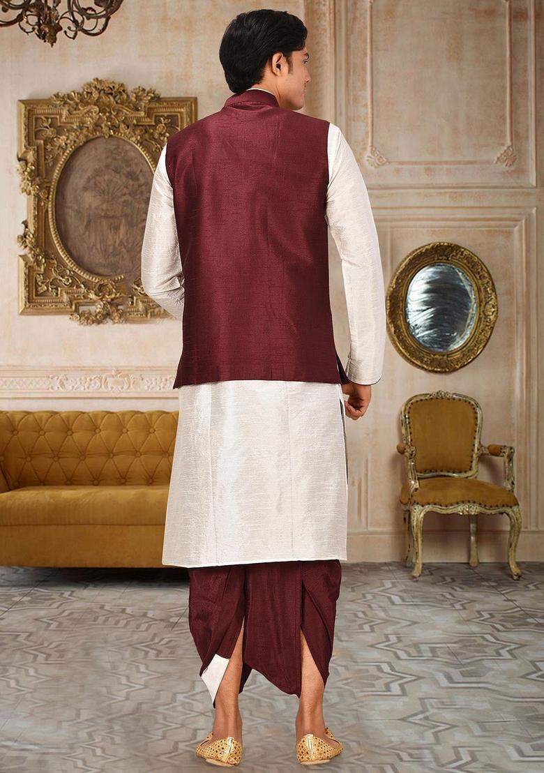 Deep Cream Solid Art Silk Nehru Jackets Set For Men - Indya