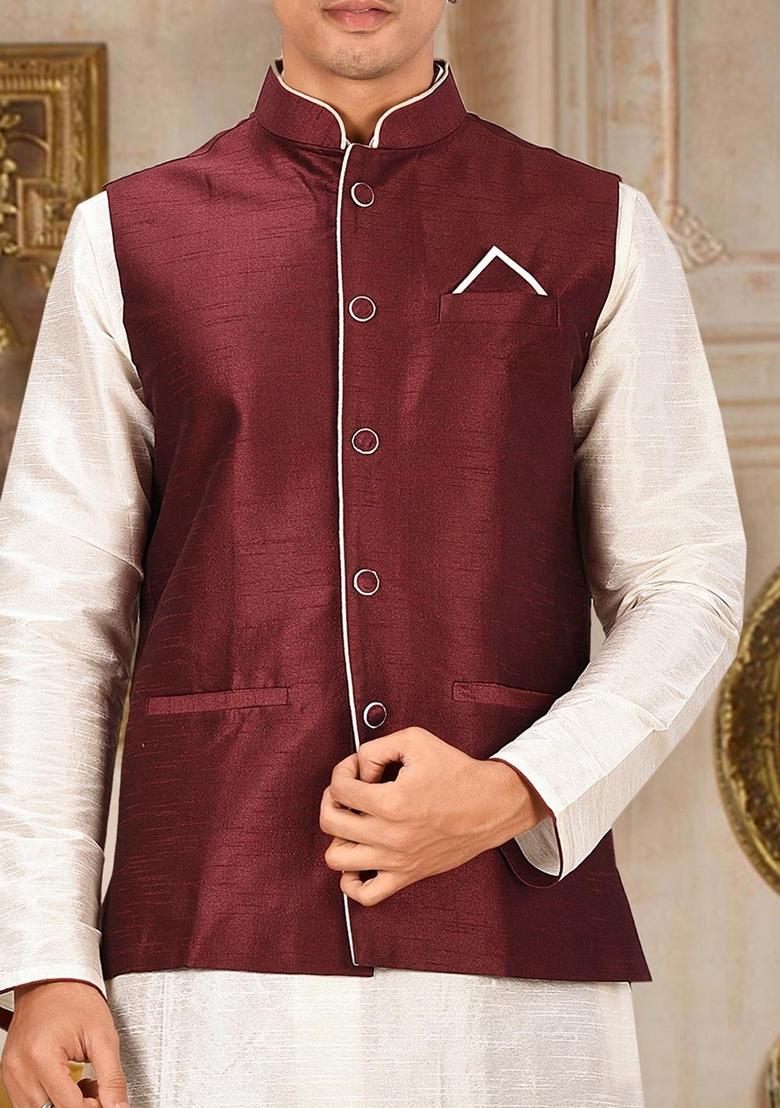 Deep Cream Solid Art Silk Nehru Jackets Set For Men - Indya