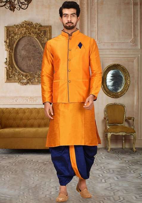 Mustard Yellow Solid Art Silk Blend Nehru Jackets Set For Men